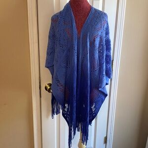 Vibrant Blue Knit Shawl with Fringe Two -Tone Color with Design